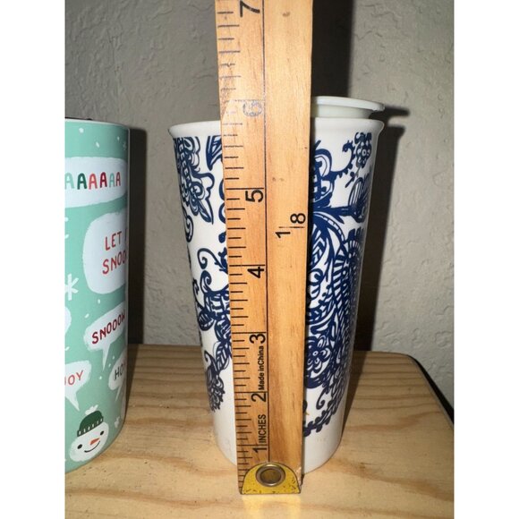 Set Of 2 Holiday Ceramic Travel Mugs With Lids Snowman & Floral Designs 16 Oz - Picture 7 of 7